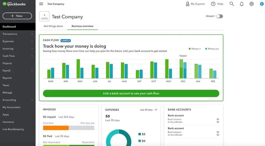 Panel de QuickBooks Online en español con vista general del negocio