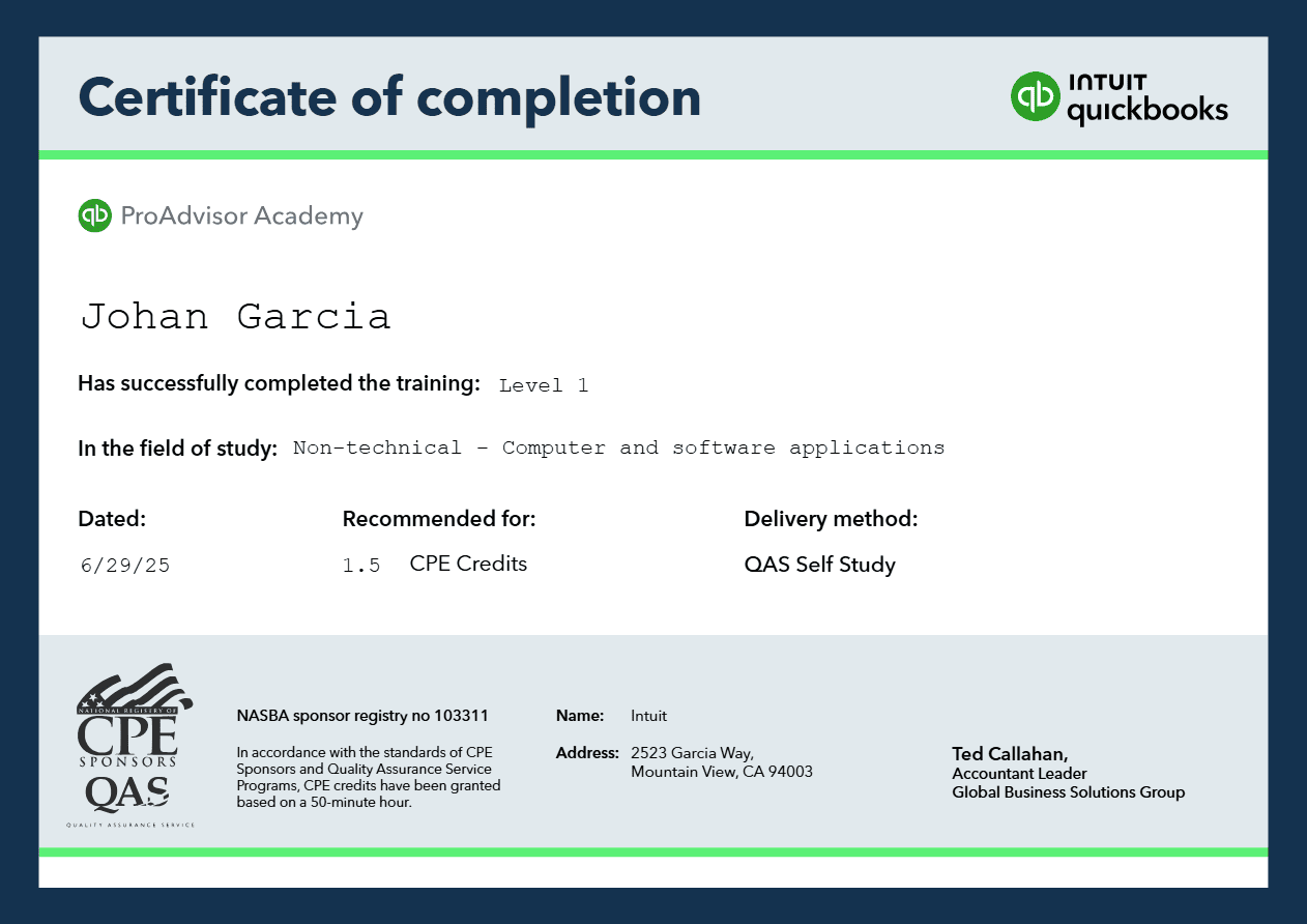 Certificado QuickBooks Level 1 - Johan Garcia