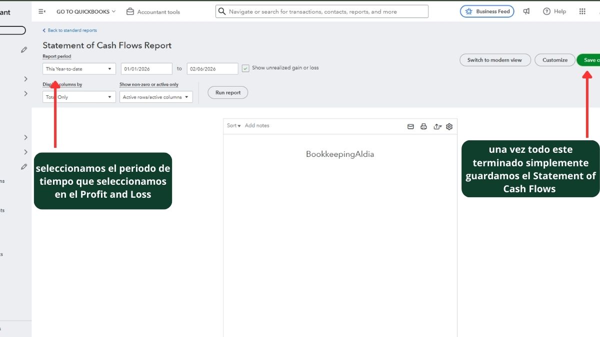 Captura del reporte Statement of Cash Flows en QuickBooks Online