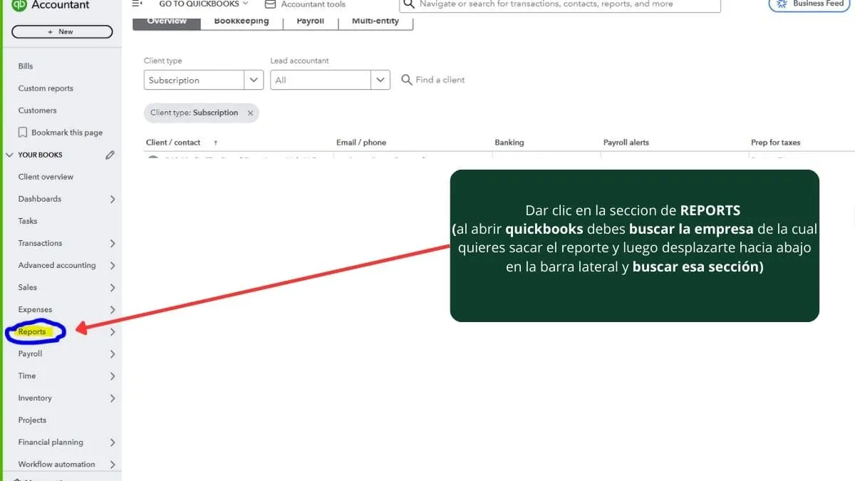 Captura de pantalla del menú lateral izquierdo de QuickBooks Online resaltando la sección Reports