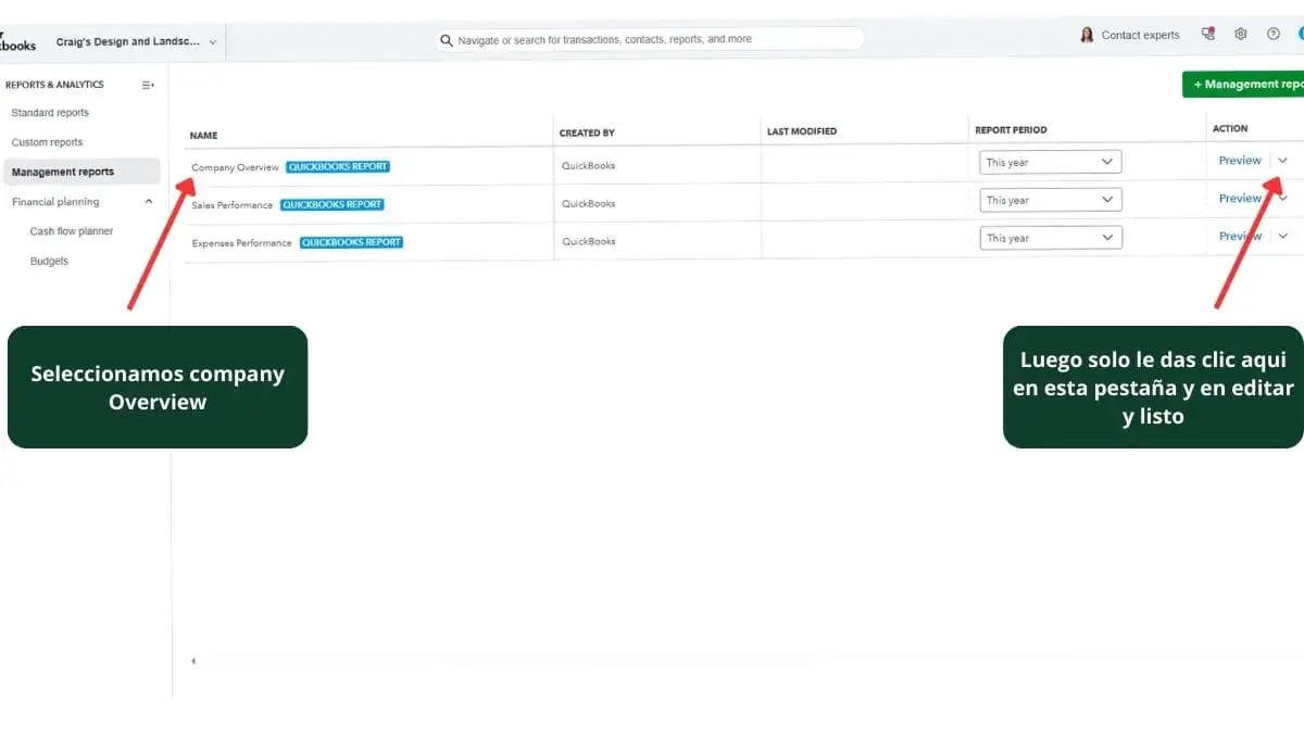 Captura de la pestaña Management Reports mostrando la creación de un paquete de informes mensual