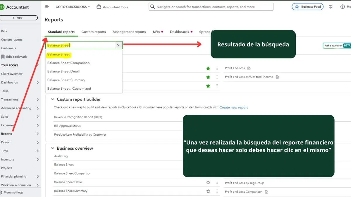 Captura de la barra de búsqueda en QuickBooks Online sugiriendo reportes por nombre