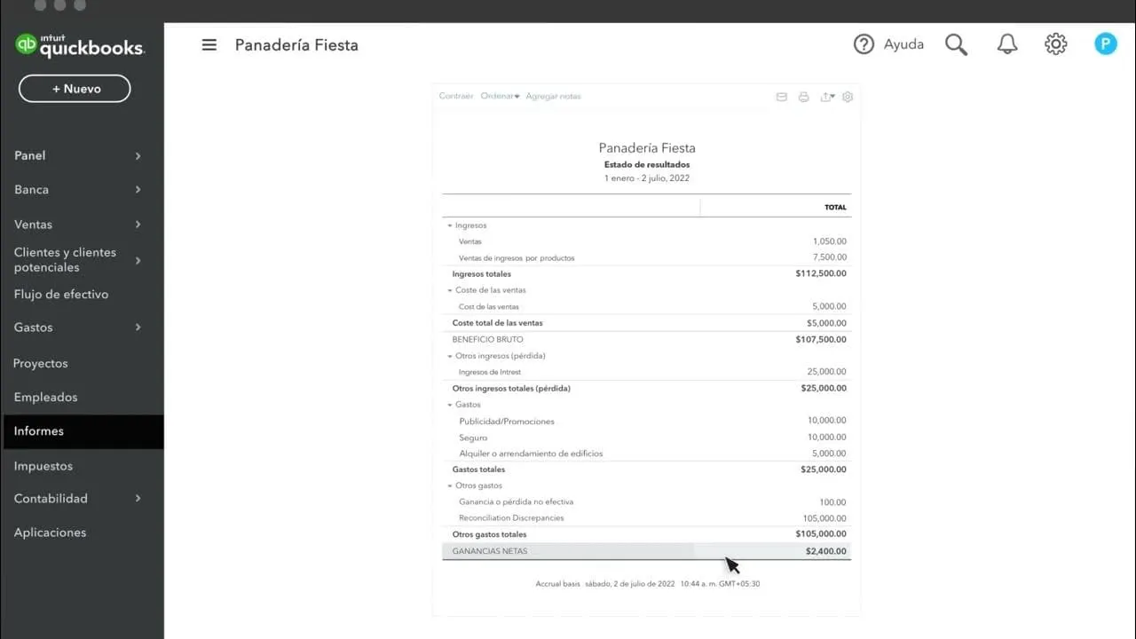 reportes financieros clave en QuickBooks Online