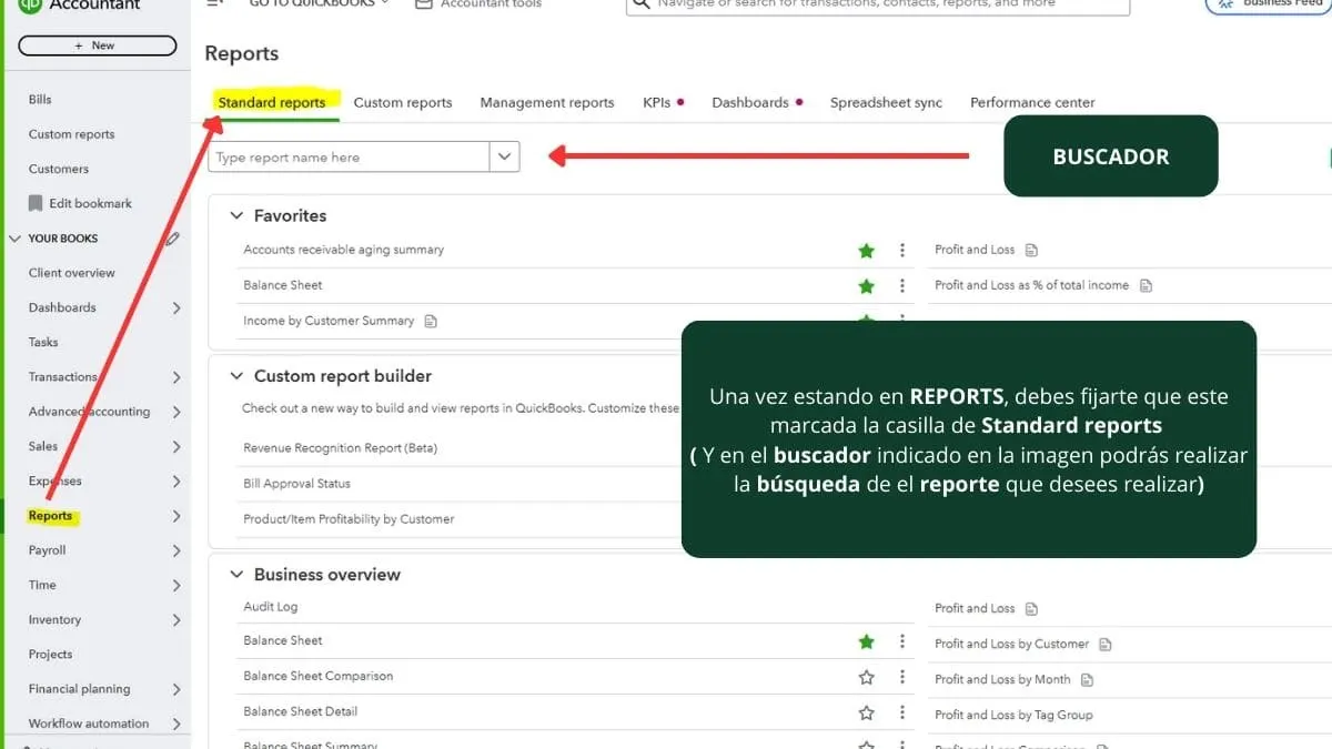 Captura de la pestaña Standard dentro del centro de informes de QuickBooks Online