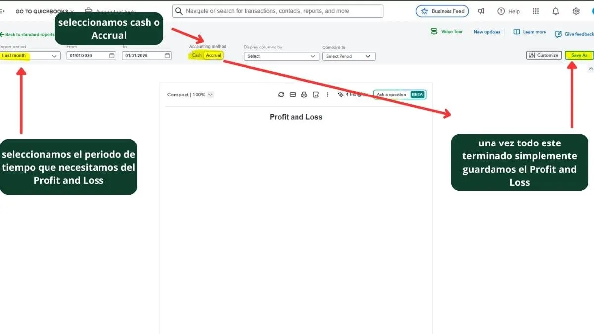 Captura de pantalla generando un Profit and Loss configurado para el mes anterior