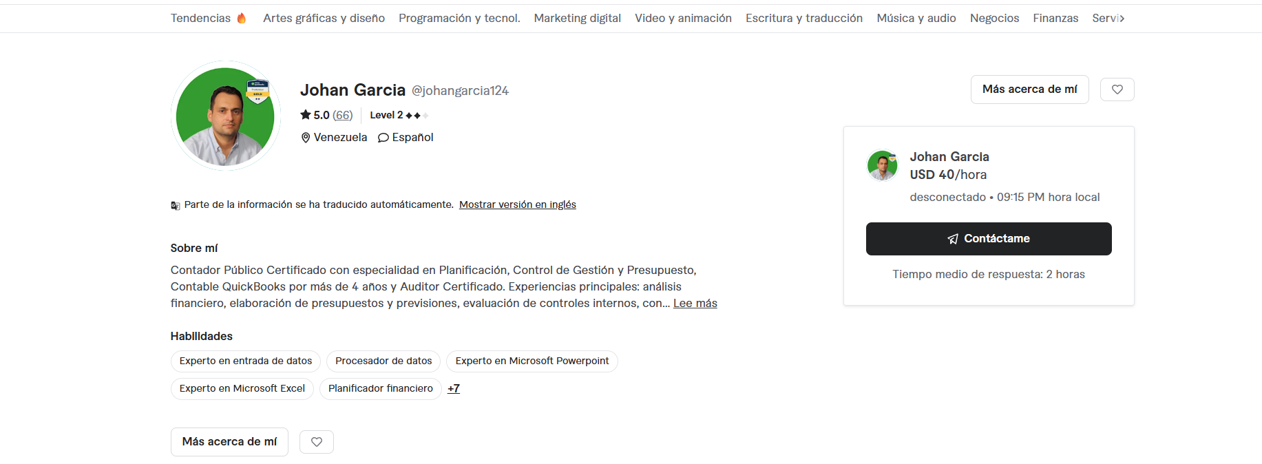 Perfil real de Johan Garcia en Fiverr