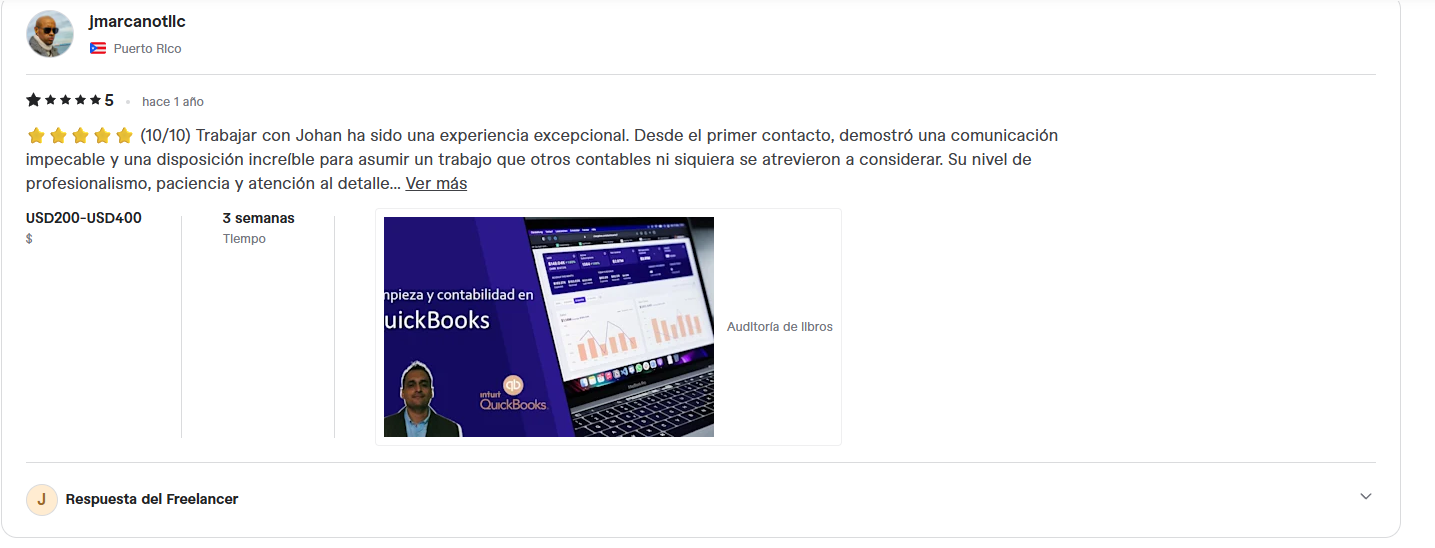 Reseña real de cliente sobre Johan Garcia en Fiverr