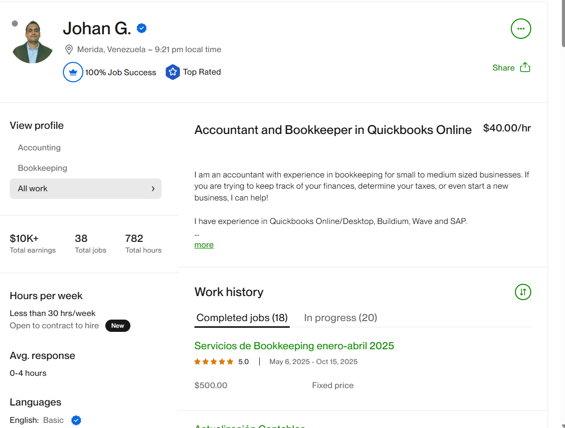 Perfil real de Johan Garcia en Upwork