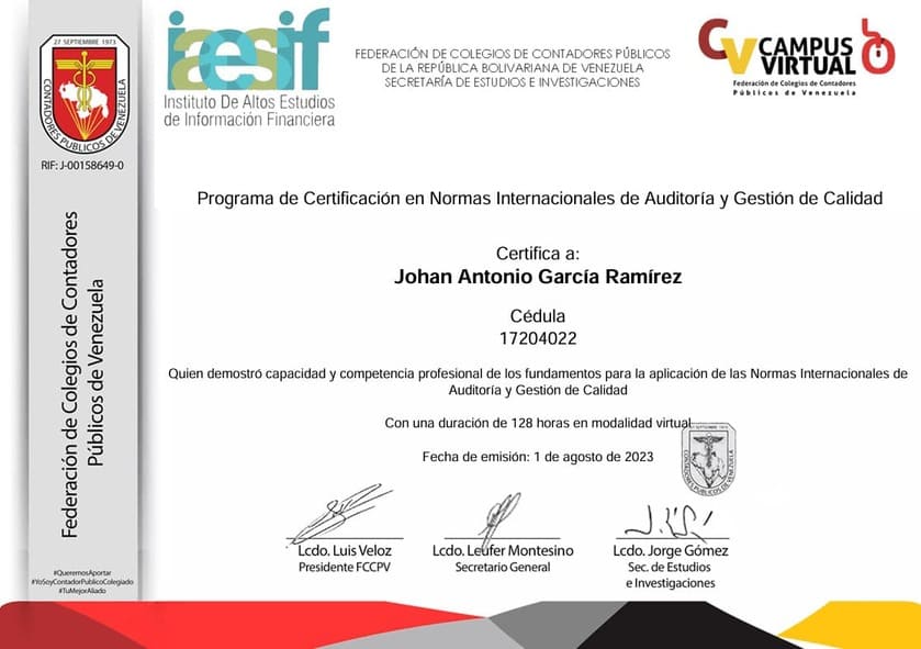 Certificado QuickBooks Level 1 de Johan Garcia