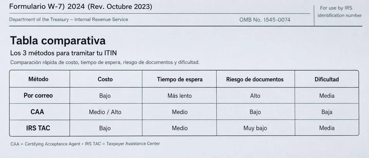 Tabla comparativa de los 3 metodos para tramitar ITIN